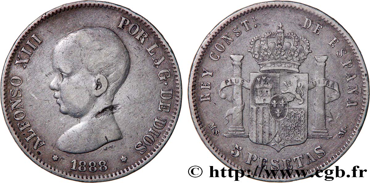 SPANIEN - KÖNIGREICH SPANIEN - ALFONS XIII. 5 Pesetas, MS - M 1888 Madrid fSS 