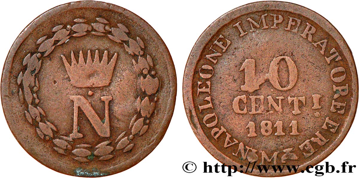 ITALY - KINGDOM OF ITALY - NAPOLEON I 10 centesimi, faux d’époque 1811 Milan VF 