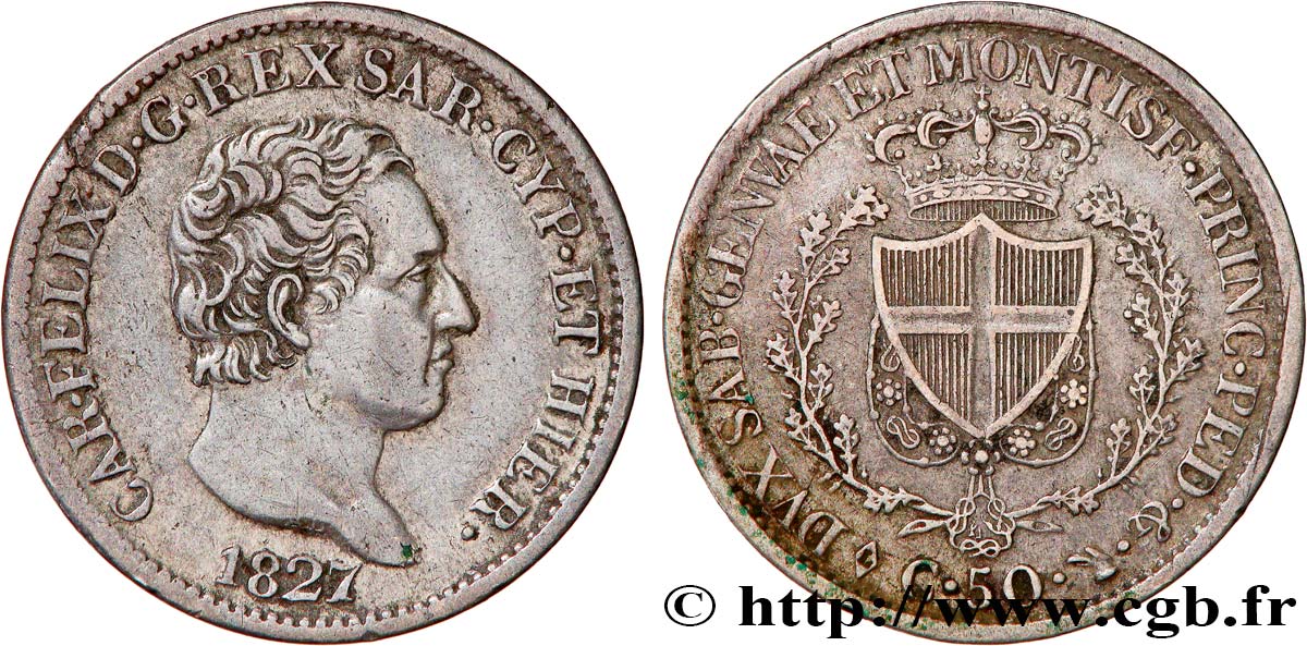 ITALY - KINGDOM OF SARDINIA - CHARLES-FELIX 50 Centesimi  1827 Turin XF 