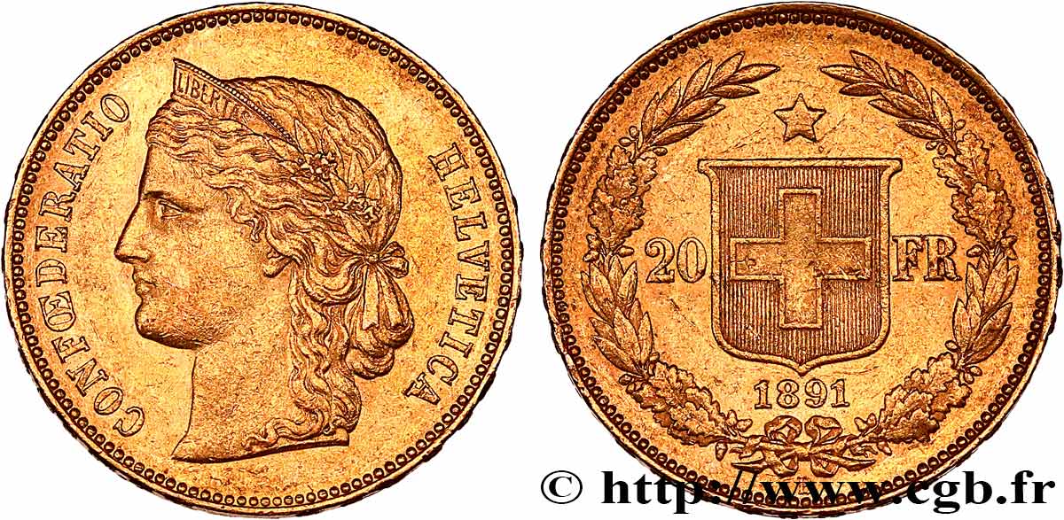 SWITZERLAND 20 Francs or Helvetia 1891 Berne AU 