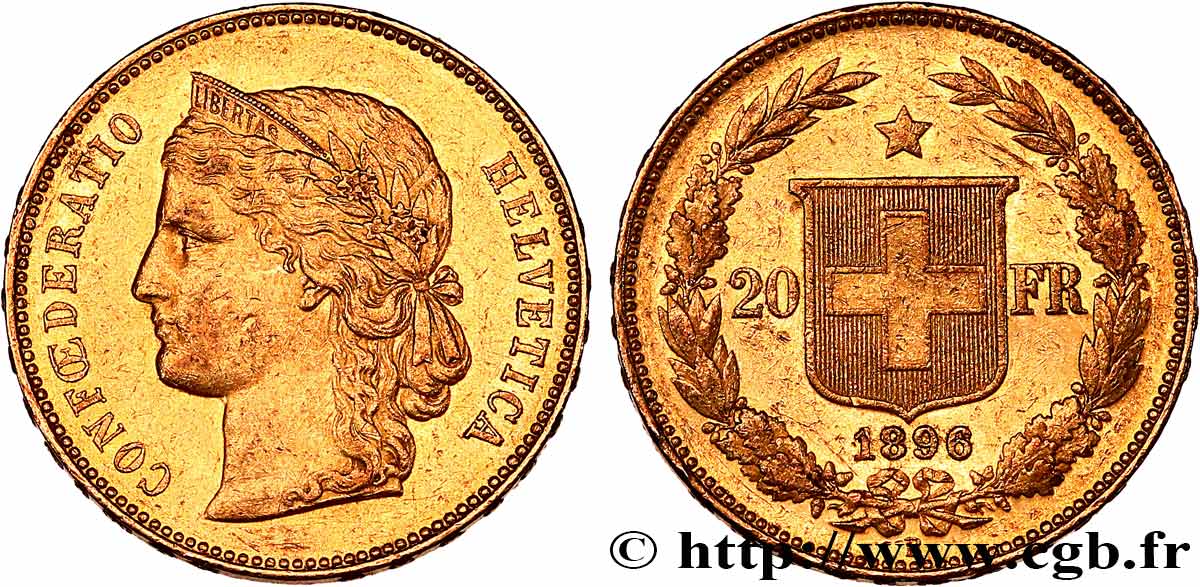 SUIZA 20 Francs Helvetia 1896 Berne MBC+