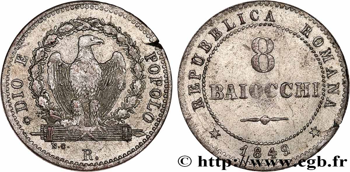 ITALY - ROMAN REPUBLIC 8 Baiocchi  1849 Rome XF 