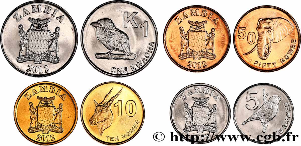 ZAMBIA Lot 4 monnaies 5, 10, 50 Ngee et 1 Kwacha 2012  MS 