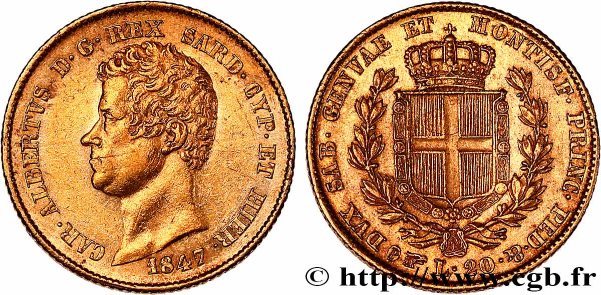 ITALY - KINGDOM OF SARDINIA - CHARLES-ALBERT 20 Lire 1847 Turin AU 