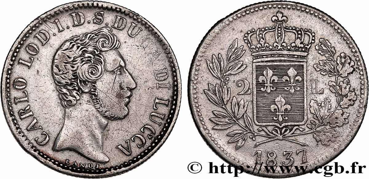 DUCHY OF LUCQUES - CHARLES LOUIS OF BOURBON 2 Lire  1837 Lucques XF 
