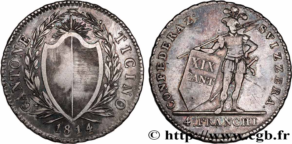 SWITZERLAND - CANTON OF TICINO 4 Franchi (Francs) 1814 Lucerne XF 