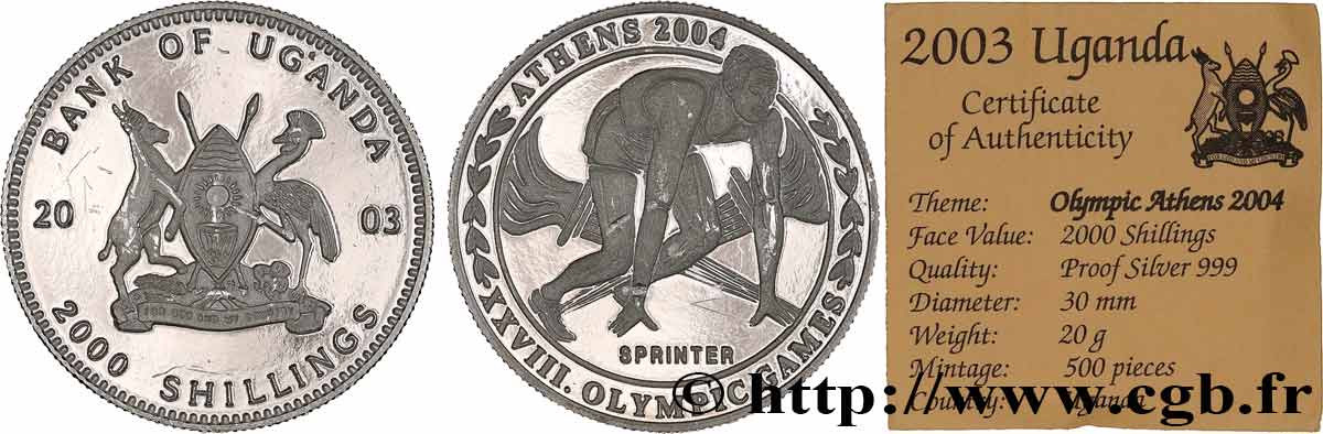 UGANDA 2000 Shillings Proof Jeux olympiques d’Athènes 2003  fST 