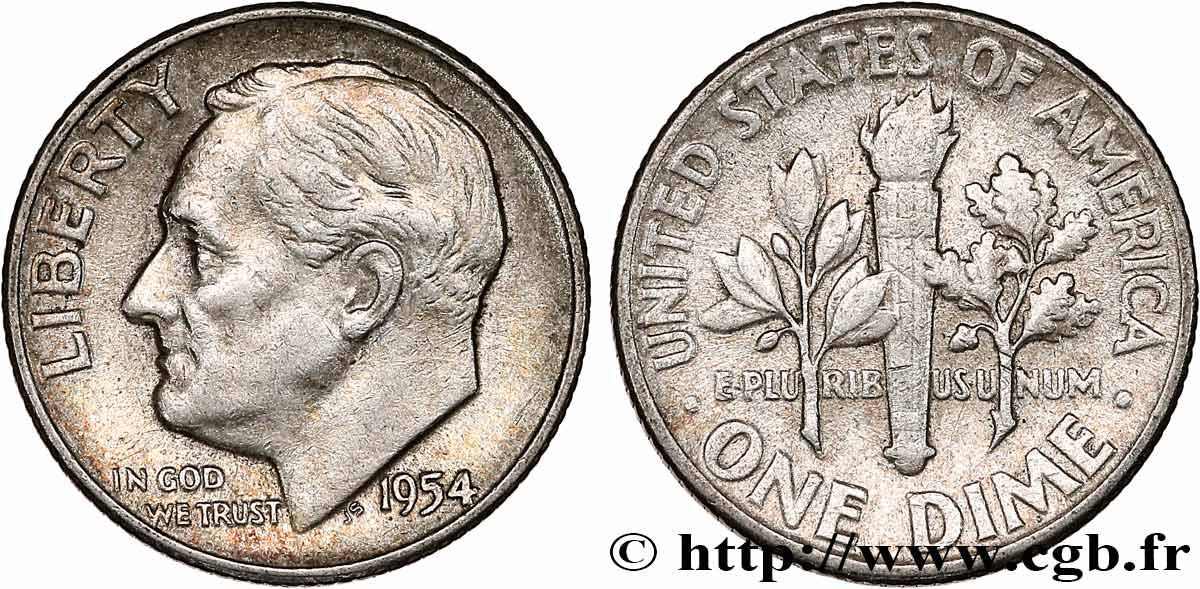 STATI UNITI D AMERICA 1 Dime(10 Cents) Roosevelt 1954 Philadelphie BB
