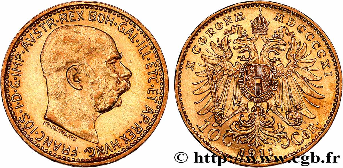 AUSTRIA - FRANZ-JOSEPH I 10 corona en or, 4e type 1911 Vienne AU 