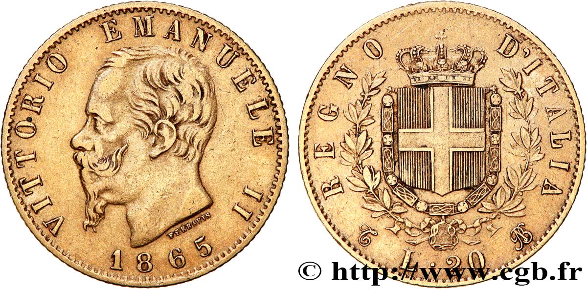 OR, PALLADIUM ET PLATINE INVESTISSEMENT 20 Lire Victor Emmanuel II 1865 Turin TTB