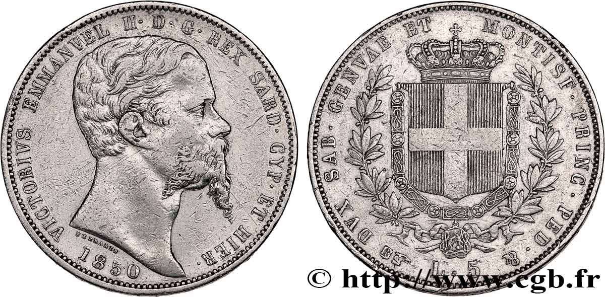 ITALY - KINGDOM OF SARDINIA - VICTOR-EMMANUEL II 5 Lire  1850 Turin VF 