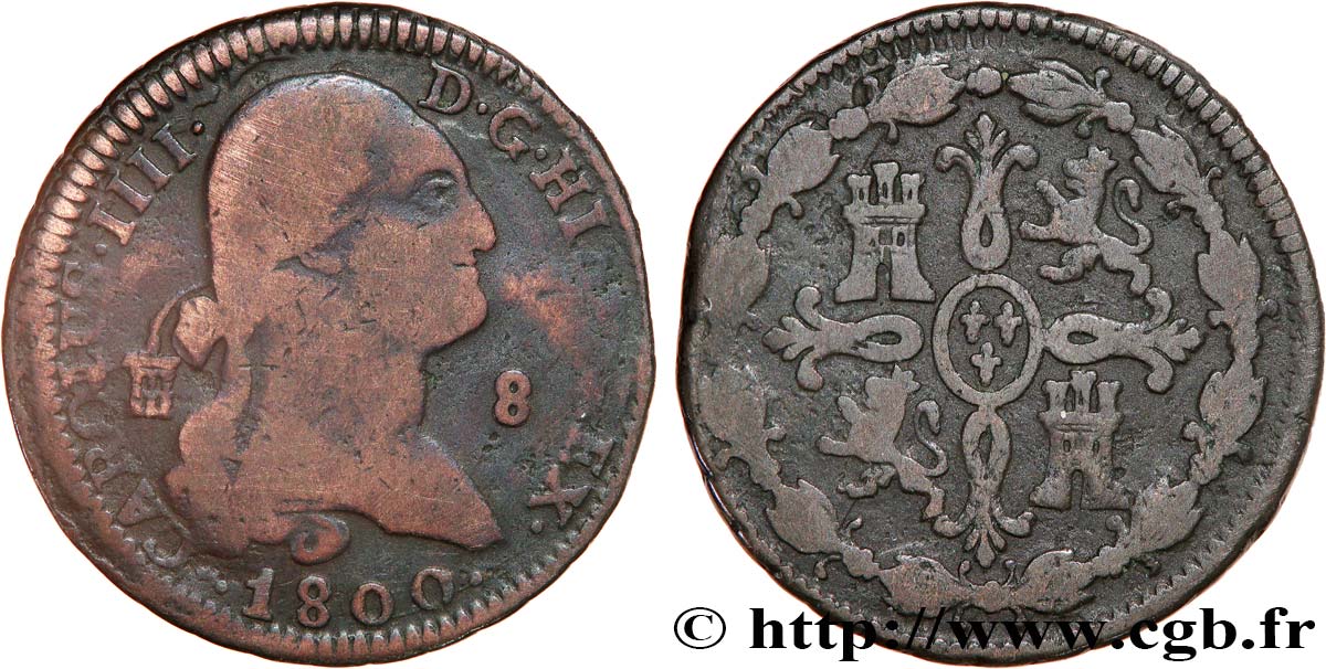 ESPAGNE 8 Maravedis Charles IIII 1800 Ségovie TB/TB+