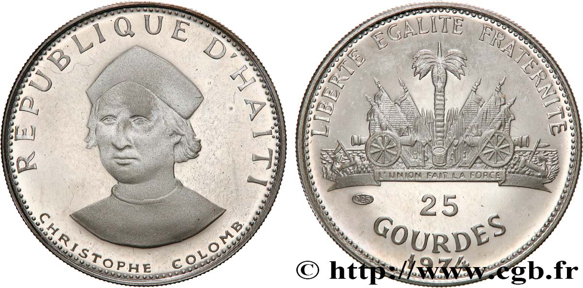 HAITI 25 Gourdes Proof Christophe Colomb / armes 1974  fST 
