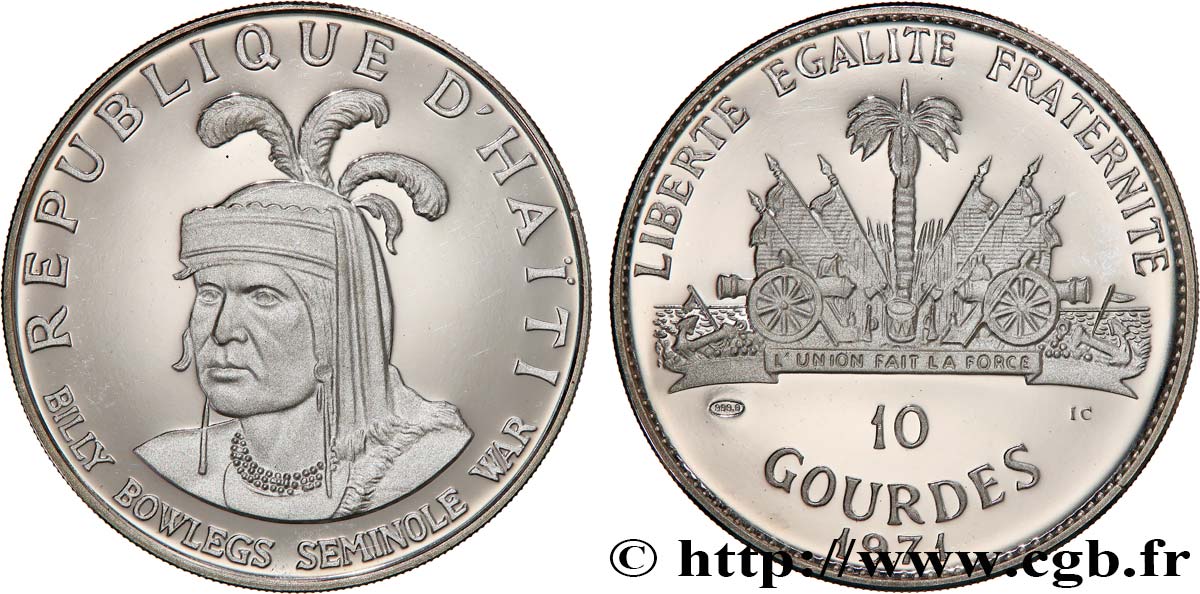 HAITI 10 Gourdes Proof Billy Bowlegs Seminole War  1971  MS 