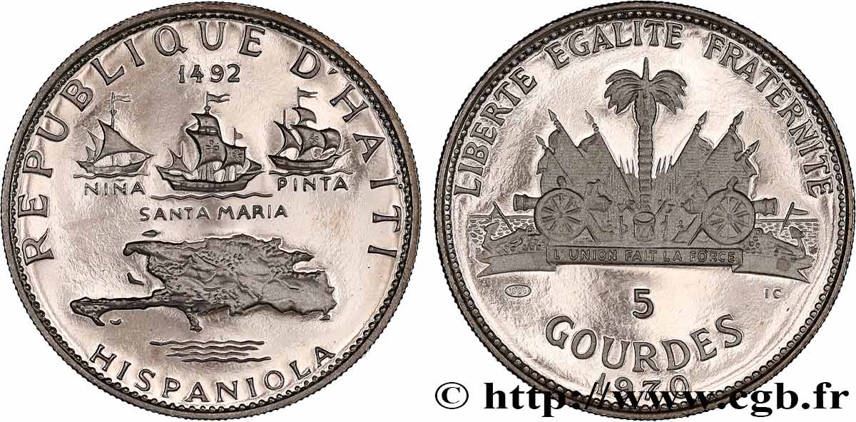 HAITI 5 Gourdes découverte d’hispaniola par Christophe Colomb  1970  fST 