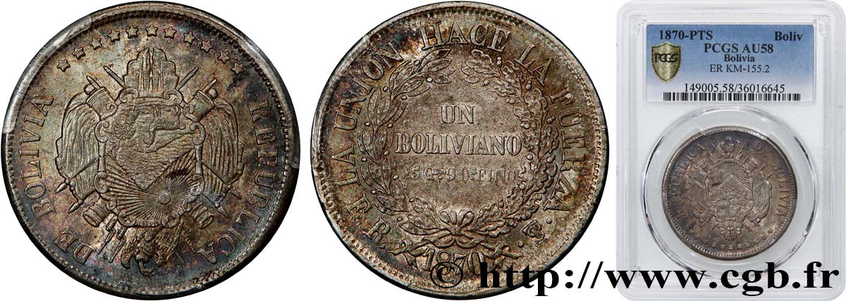 BOLIVIA 1 Boliviano 1870 Potosi AU58 PCGS
