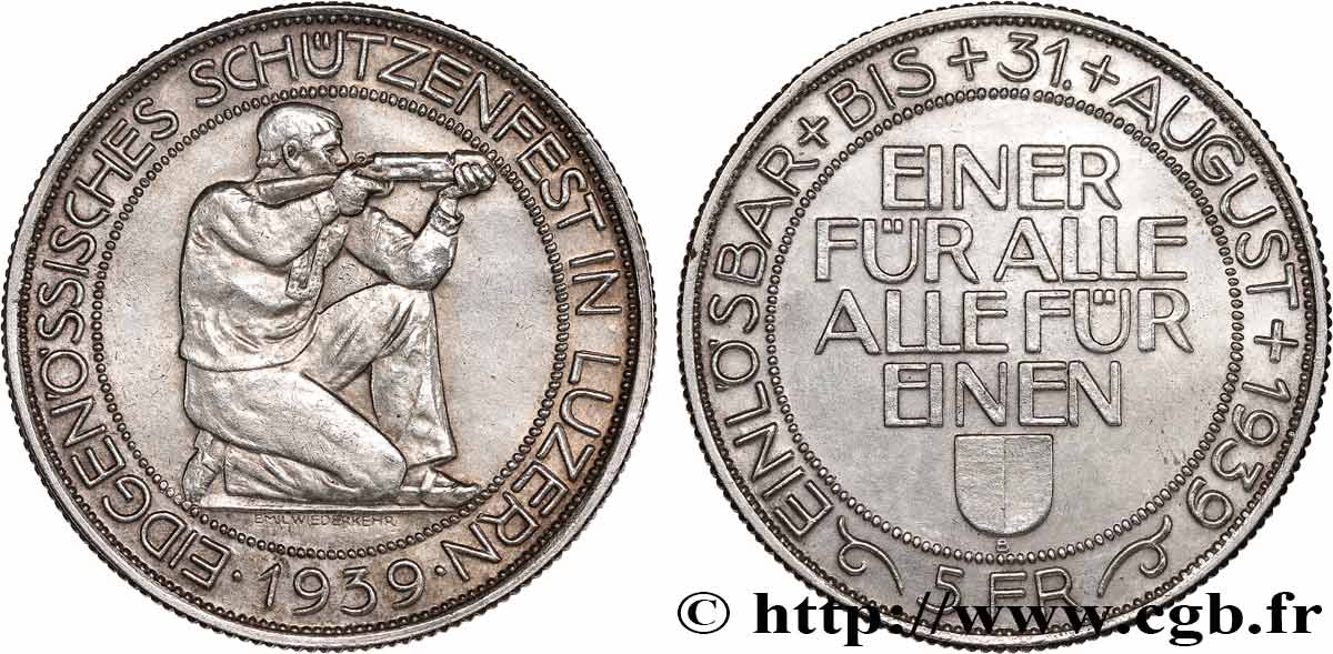 SUISSE 5 Francs Tir de Lucerne (Luzern) 1939 Berne SUP 