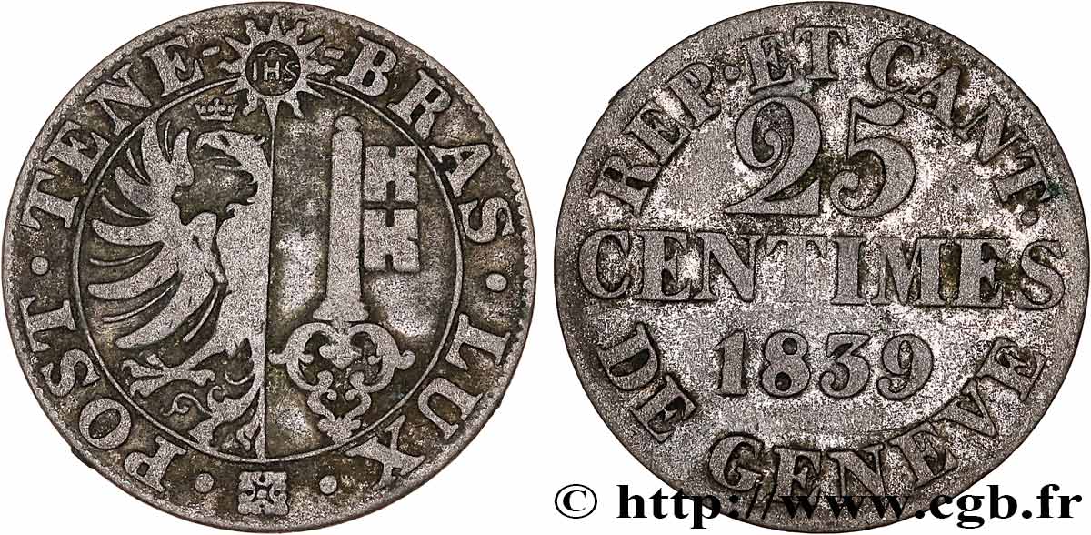 SUISSE - RÉPUBLIQUE DE GENÈVE 25 Centimes 1839 TTB