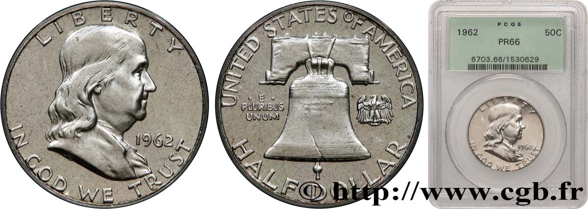 UNITED STATES OF AMERICA 1/2 Dollar Proof Benjamin Franklin 1962 Philadelphie MS66 PCGS
