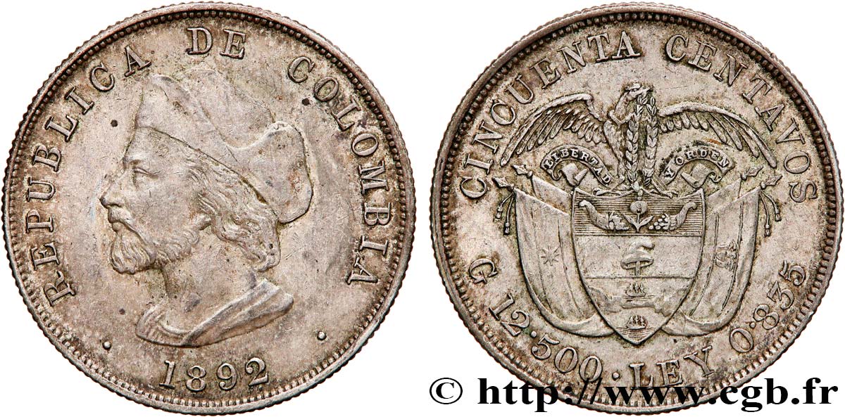 COLOMBIA 50 Centavos 1892  AU 