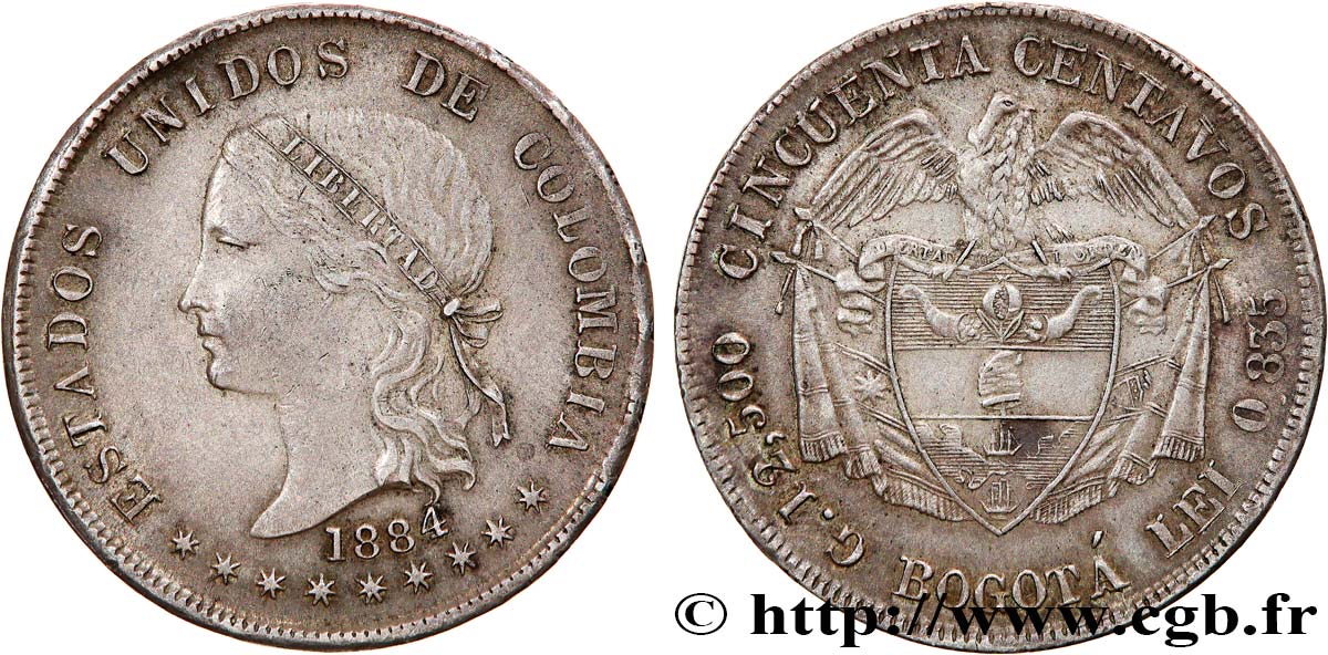 COLOMBIA 50 Centavos 1884 Bogota AU 