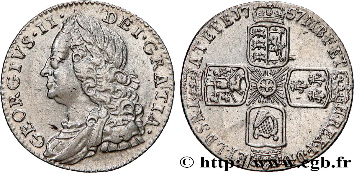 GRANDE-BRETAGNE - GEORGES II 6 Pence  1757  TTB+ 