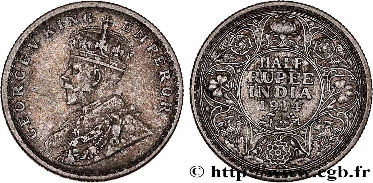 BRITISCH-INDIEN 1/2 Roupie Georges V 1914 Bombay (Mumbai) fSS
