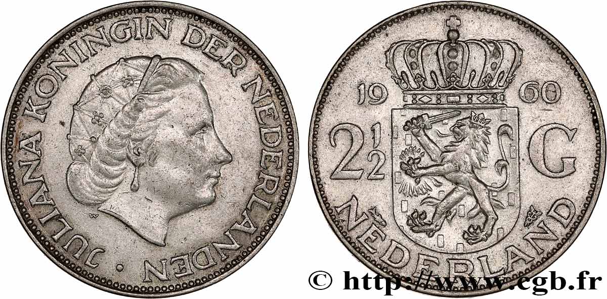 NETHERLANDS 2 1/2 Gulden Juliana 1960 Utrecht AU 