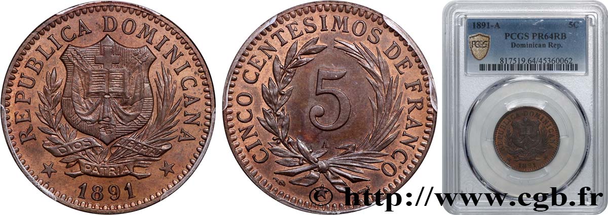 DOMINICAN REPUBLIC 5 Centesimos Proof 1891 Paris MS64 PCGS