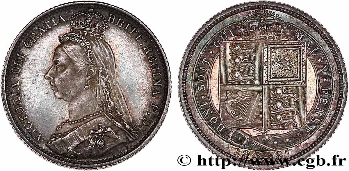 GRANDE BRETAGNE - VICTORIA 6 Pence Victoria “buste du jubilé”, type écu 1887  SUP 