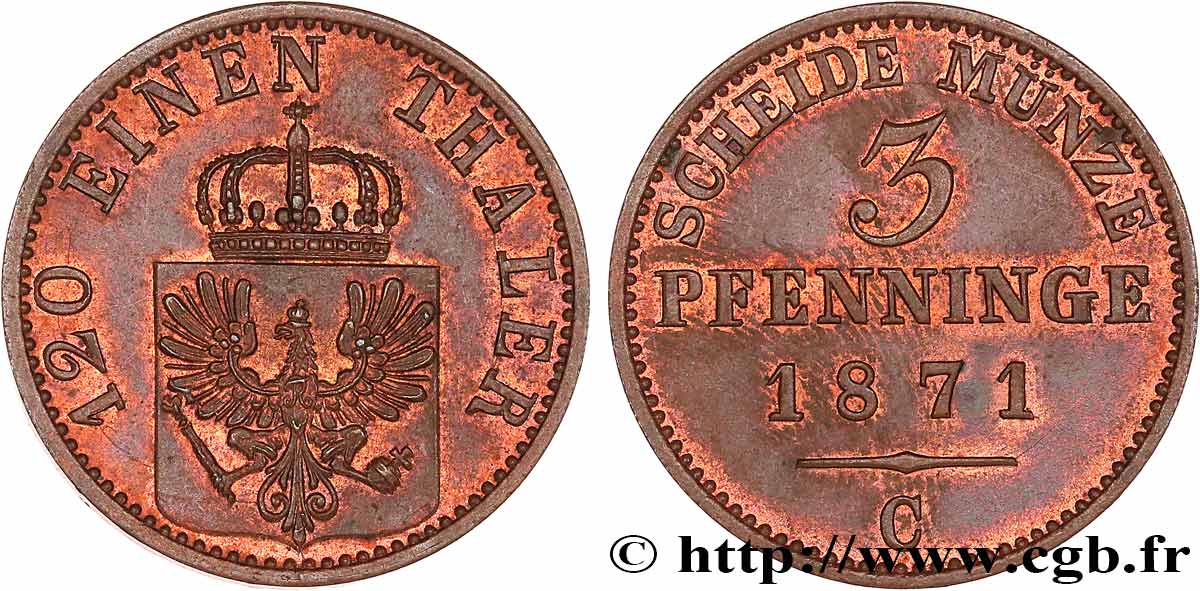GERMANY - PRUSSIA 3 Pfenninge 1871 Francfort AU 
