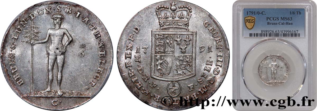 GERMANY - DUCHY OF BRUNSWICK AND LUNENBURG - GEORGE III OF GREAT BRITAIN 1/6 Thaler  1791  MS63 PCGS