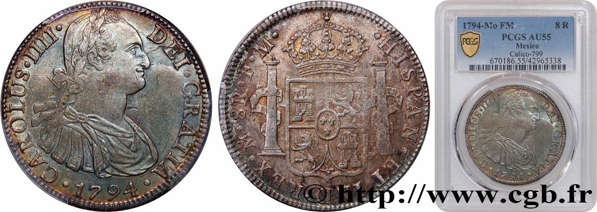 MEXICO - CHARLES IV 8 Reales  1794 Mexico AU55 PCGS