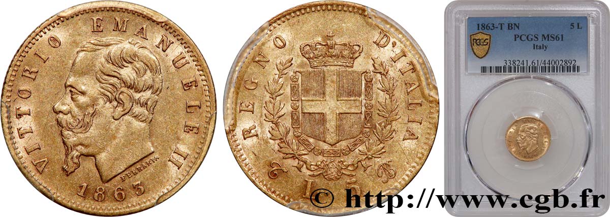 ITALY - KINGDOM OF ITALY - VICTOR-EMMANUEL II 5 Lire  1863 Turin MS61 PCGS