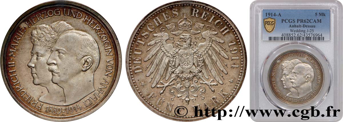 GERMANY - ANHALT 5 Mark Proof Frédéric II et Marie 1914 Berlin MS62 PCGS