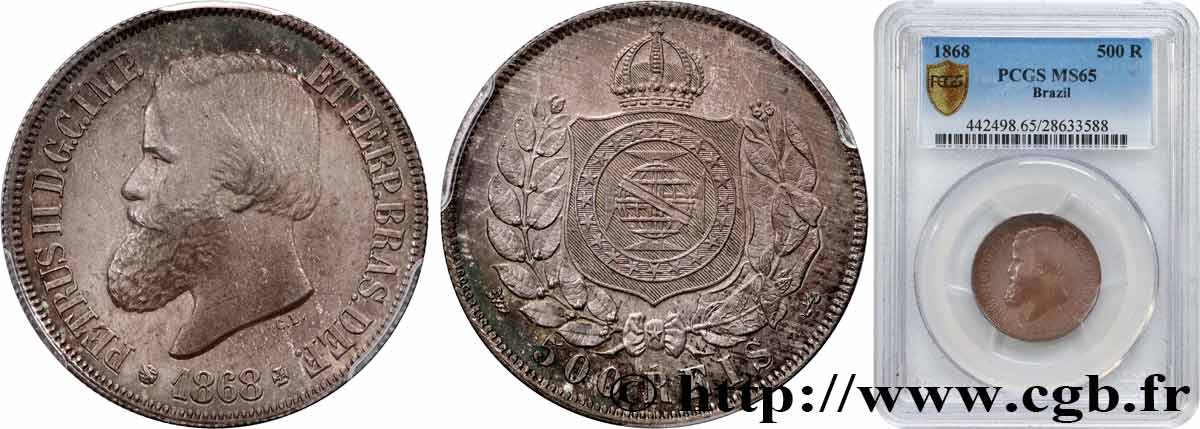 BRAZIL 500 Reis Empereur Pierre II 1868  MS65 PCGS