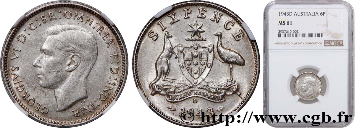 AUSTRALIA 6 Pence Georges VI 1943 Denver MS61 NGC