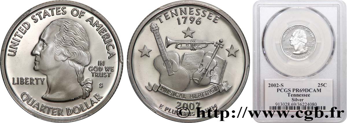 UNITED STATES OF AMERICA 1/4 Dollar Tennessee  Musical Heritage  - Silver Proof 2002 San Francisco MS69 PCGS