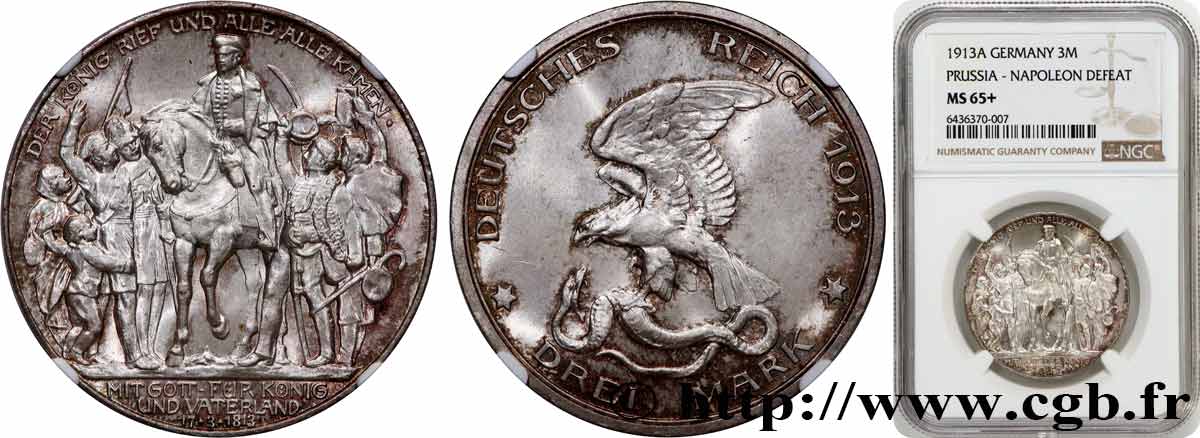GERMANY - PRUSSIA 3 Mark 100e anniversaire défaite de Napoléon 1913 Berlin MS65 NGC