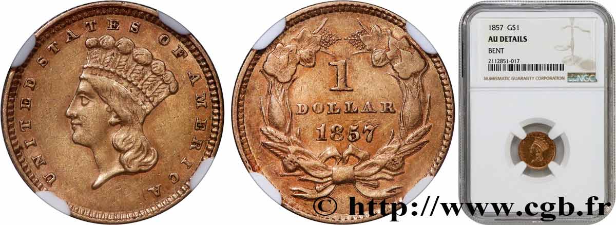 UNITED STATES OF AMERICA 1 Dollar tête d’indien type tête large 1857 Philadelphie AU NGC