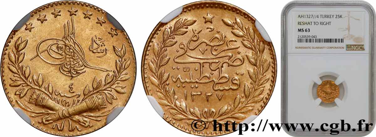 TURKEY 25 Kurush en or Sultan Mohammed V Resat AH 1327 An 4 (1912) Constantinople MS63 NGC