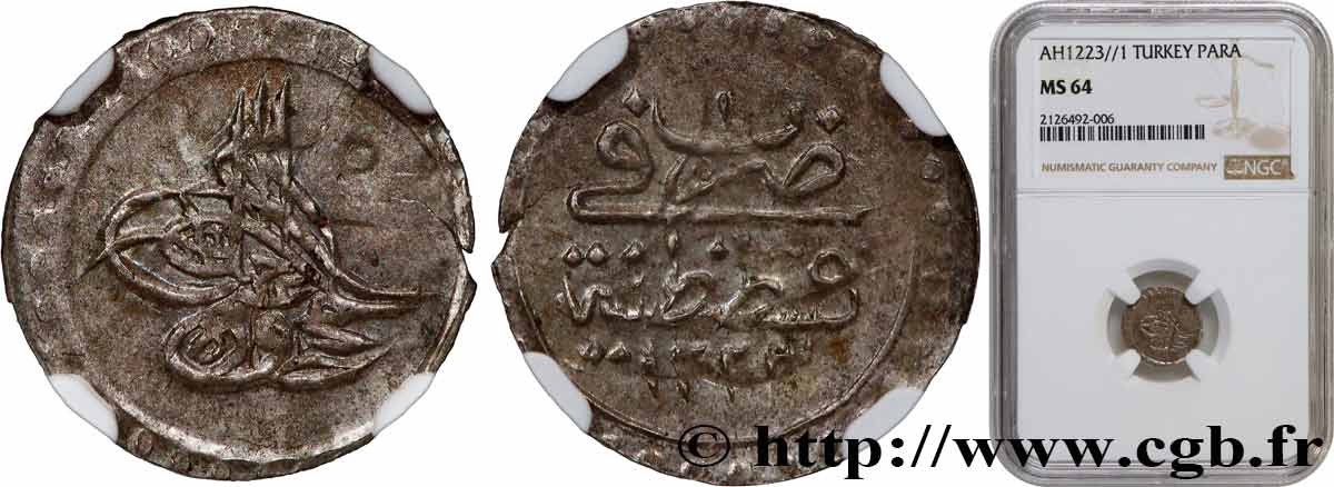 TURKEY 1 Para frappe au nom de Mahmud II AH1223 an 1 1808 Constantinople MS64 NGC