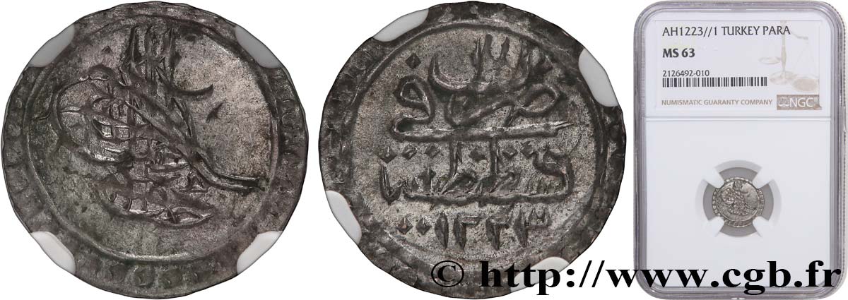 TURKEY 1 Para frappe au nom de Mahmud II AH1223 an 1 1808 Constantinople MS63 NGC