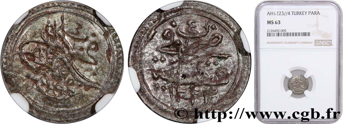 TURKEY 1 Para frappe au nom de Mahmud II AH1223 an 4 1811 Constantinople MS63 NGC