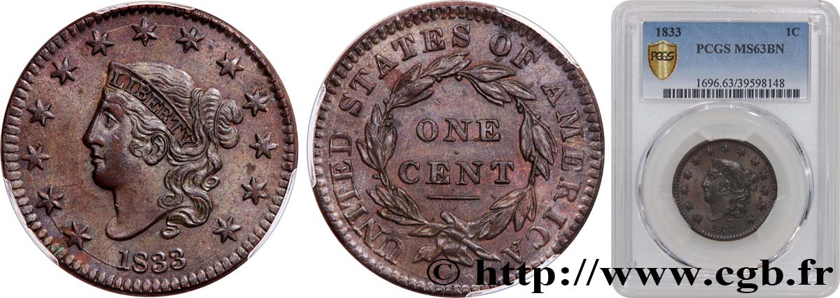 STATI UNITI D AMERICA 1 Cent “Matron head” 1833  MS63 PCGS