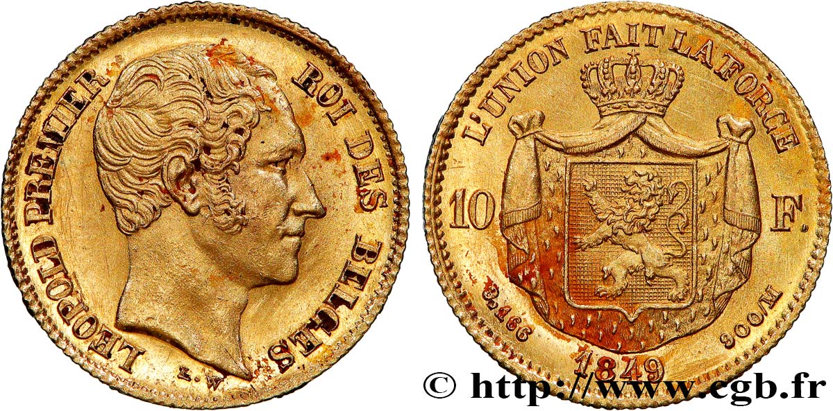 BELGIQUE - ROYAUME DE BELGIQUE - LÉOPOLD Ier 10 Francs or, tête nue 1849 Bruxelles SUP 