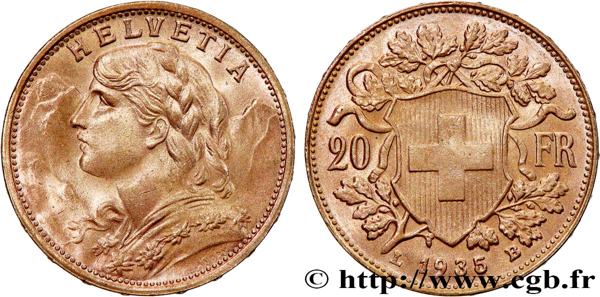 OR, PALLADIUM ET PLATINE INVESTISSEMENT 20 Francs Vreneli 1935 Berne SPL