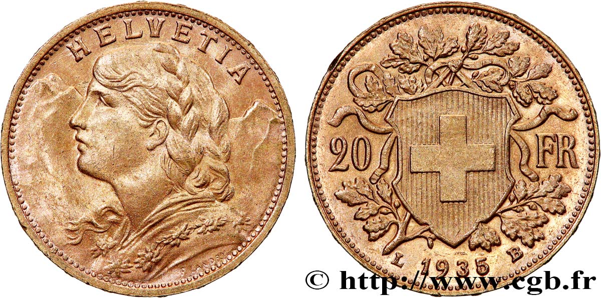 OR, PALLADIUM ET PLATINE INVESTISSEMENT 20 Francs Vreneli 1935 Berne SPL