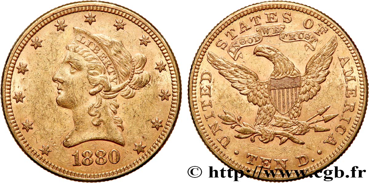 GOLD, PALLADIUM & PLATINUM INVESTMENT 10 Dollars Liberty 1880 Philadelphie XF