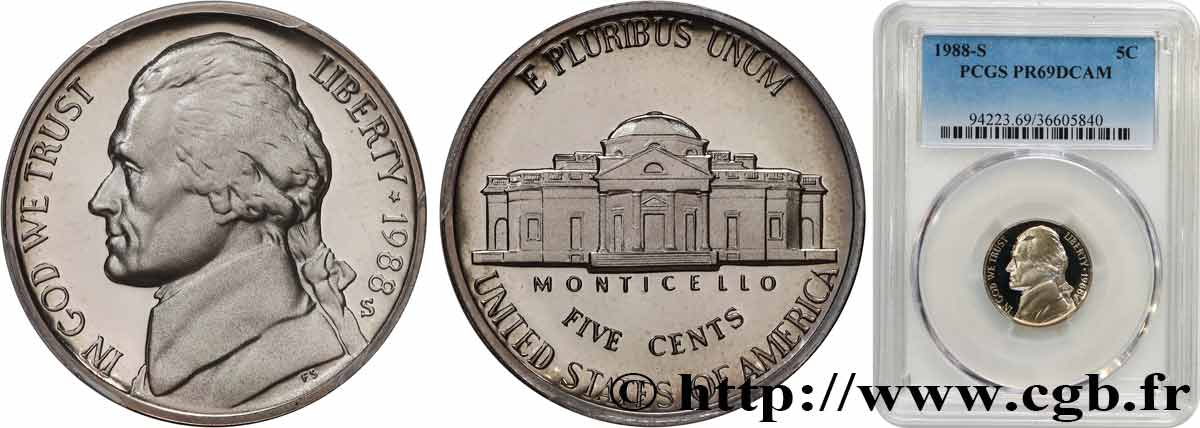 STATI UNITI D AMERICA 5 Cents Proof président Thomas Jefferson / Monticello 1988 San Francisco - S FDC69 PCGS